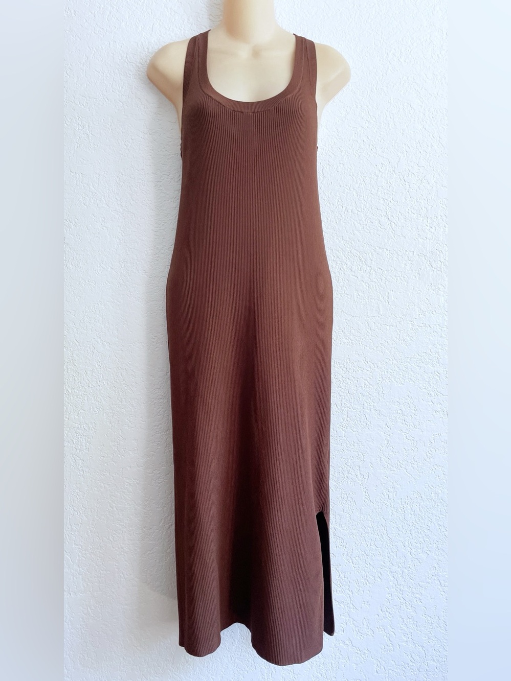 The Drop Chocolate Brown Ribbed Tank Midi Dress Large Side Slit Scoop Neck